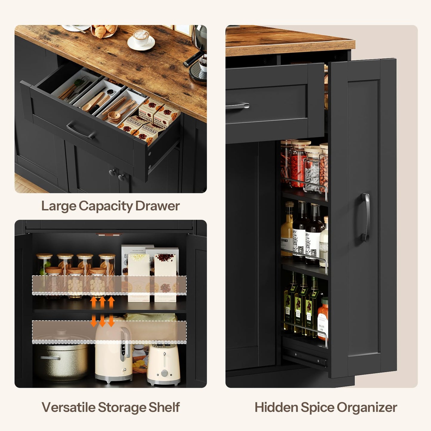 HOOBRO Black Mobile Kitchen Island with Trash Can Storage & Power Outlet & Spice Rack & Drawers