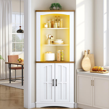 HOOBRO White 67-inch 5-Tier Farmhouse-Style Corner Vanity with LED Strip Lighting & Doors & Shelves