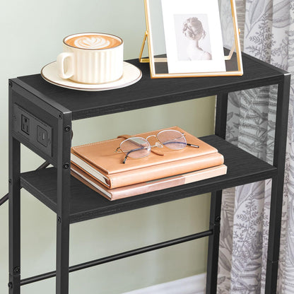 HOOBRO Small Narrow Side Table with Charging Station Set of 2, Skinny End Table for Small Spaces, Slim Nightstand with USB Ports Outlet, Sofa Beside Table with Storage Shelf BB102UBZP201