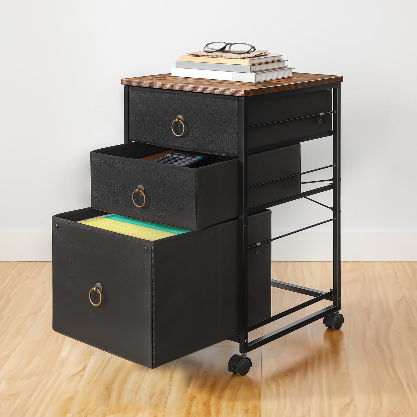 HOOBRO Retro Brown Vertical A4/Letter Size Three-Drawer Mobile Filing Cabinet with Casters & Printer Stand