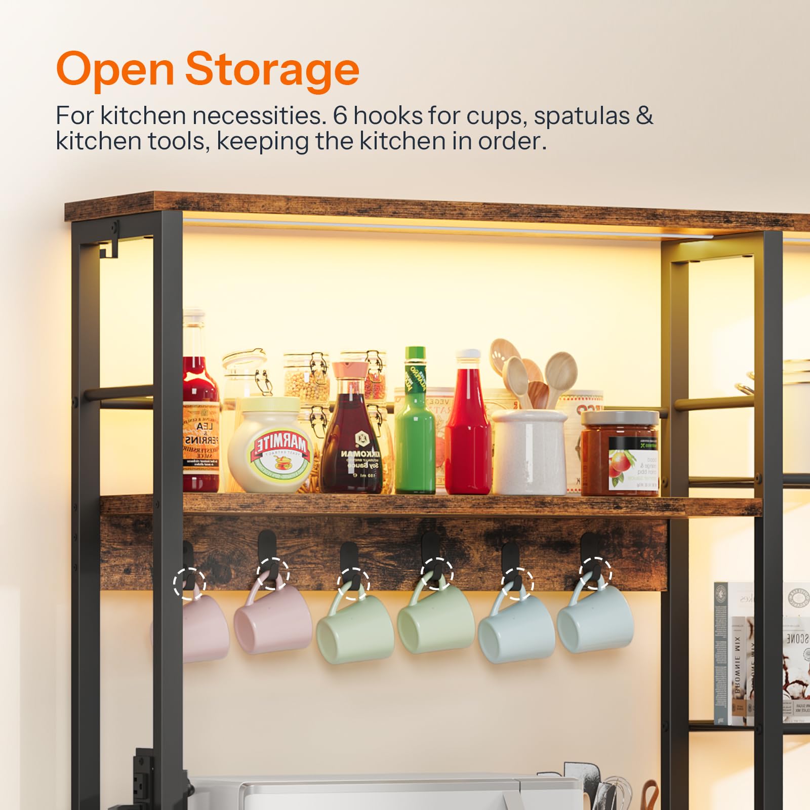 Kitchen storage shelf with hooks for cups and bottles, labeled 'Open Storage'.