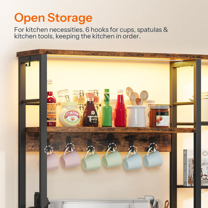 Kitchen storage shelf with hooks for cups and bottles, labeled 'Open Storage'.