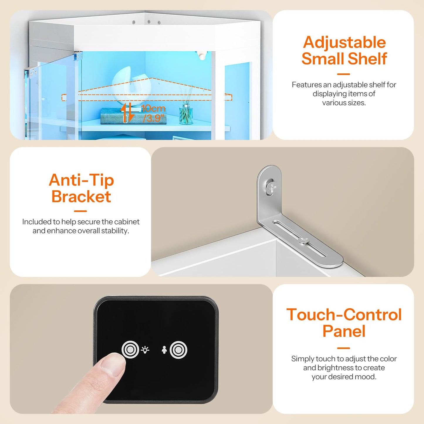 Smart mirror with adjustable shelf, anti-tip bracket, and touch-control panel on a beige background.