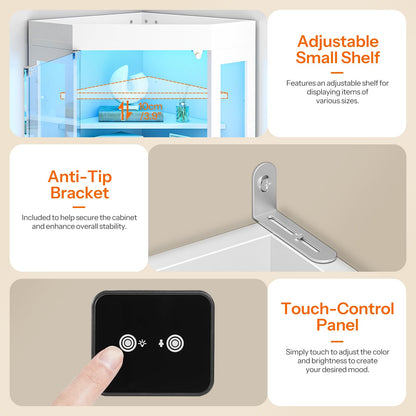 Smart mirror with adjustable shelf, anti-tip bracket, and touch-control panel on a beige background.
