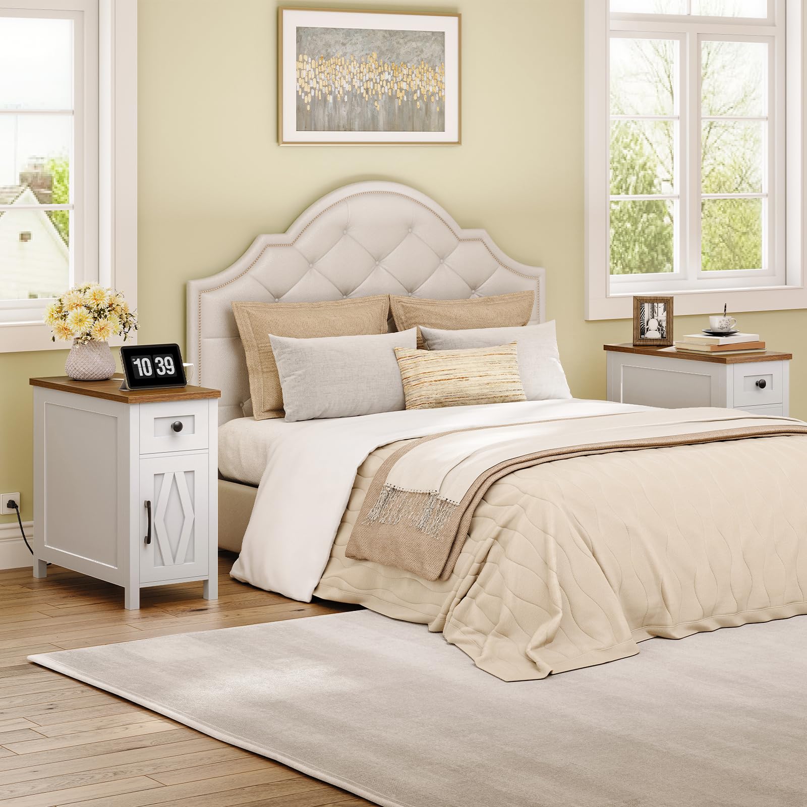HOOBRO Farmhouse Narrow End Table with Charging Station & Storage