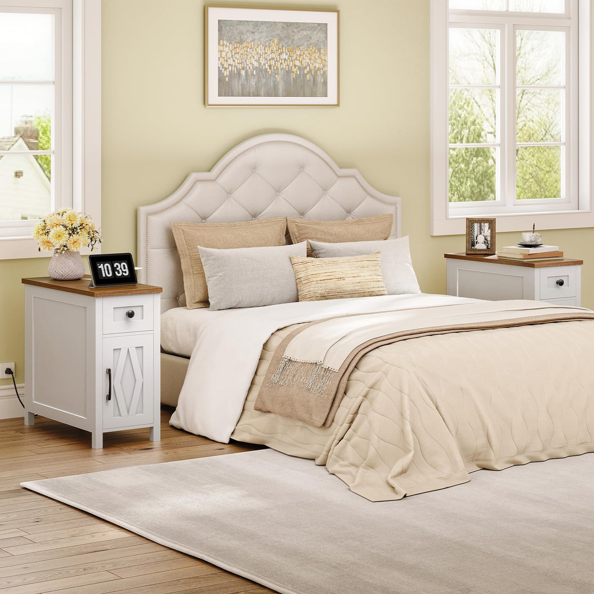 HOOBRO Farmhouse Narrow End Table with Charging Station & Storage