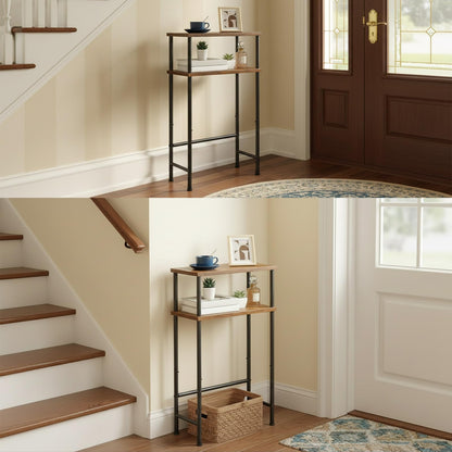 Small wooden shelf with decorative items in a home setting.