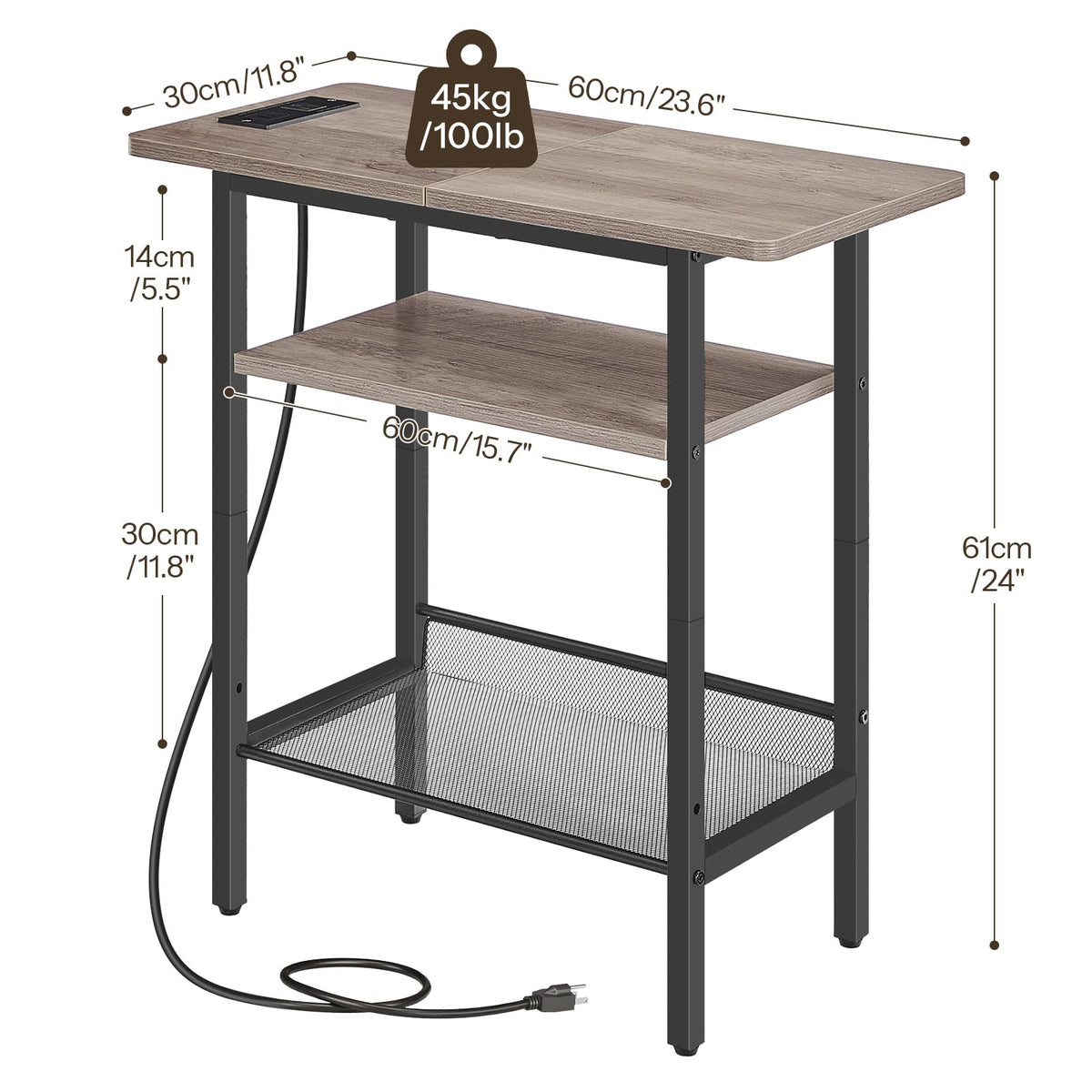 HOOBRO Side Table, Narrow End Table with Shelf, Charging Station, Wide Storage Tabletop, 3-Tier Bedside Tables for for Small Spaces, Living Room, Bedroom, Greige and Black BG366UBZ01