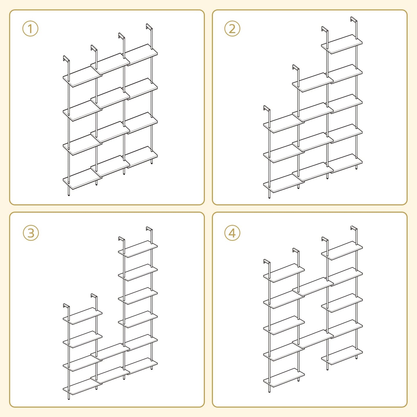 Step-by-step illustration of a metal shelving unit assembly on a beige background.
