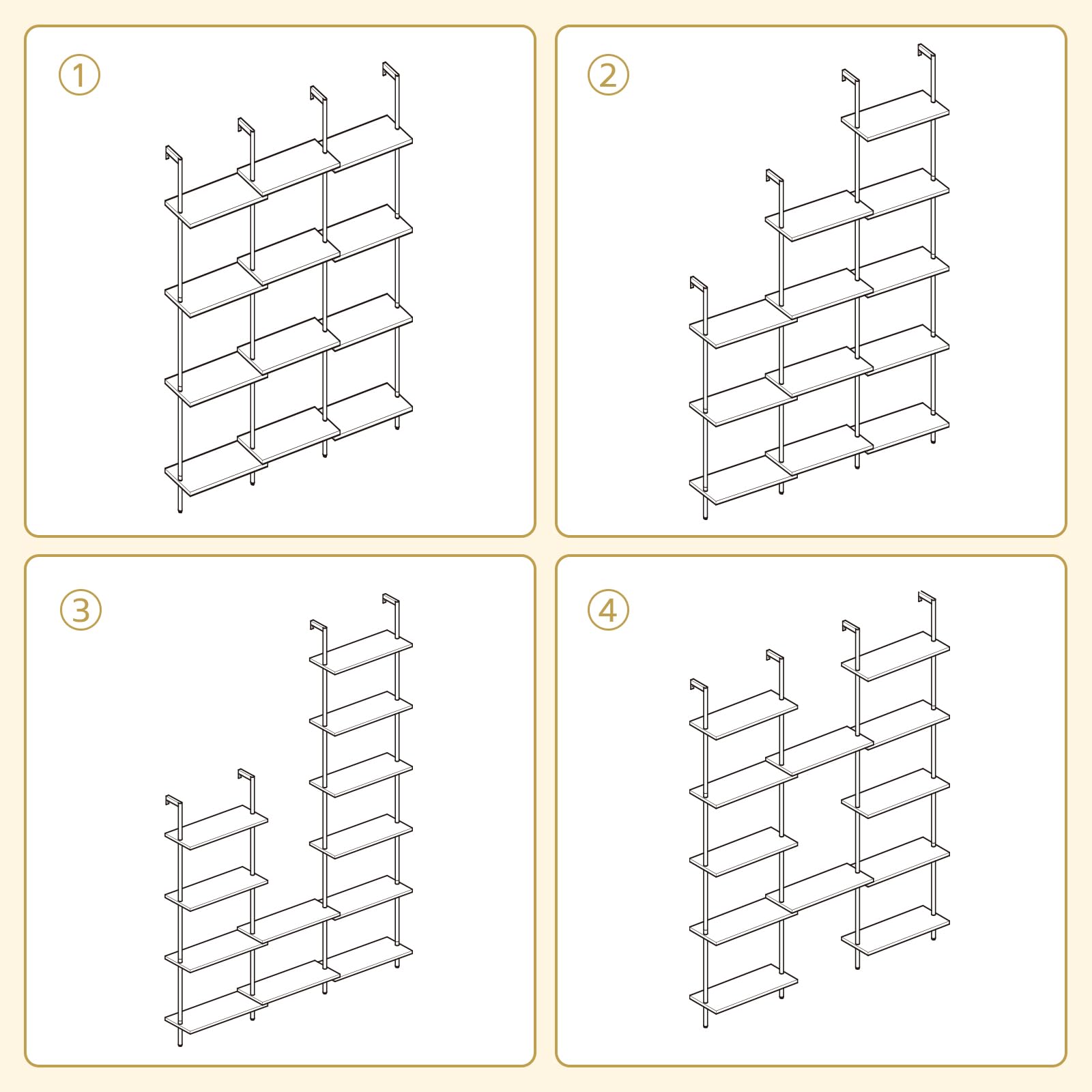 Step-by-step illustration of a metal shelving unit assembly on a beige background.