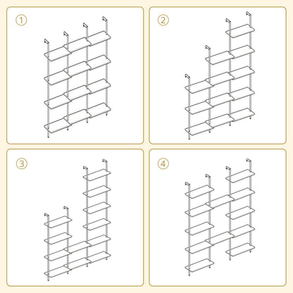 Step-by-step illustration of a metal shelving unit assembly on a beige background.