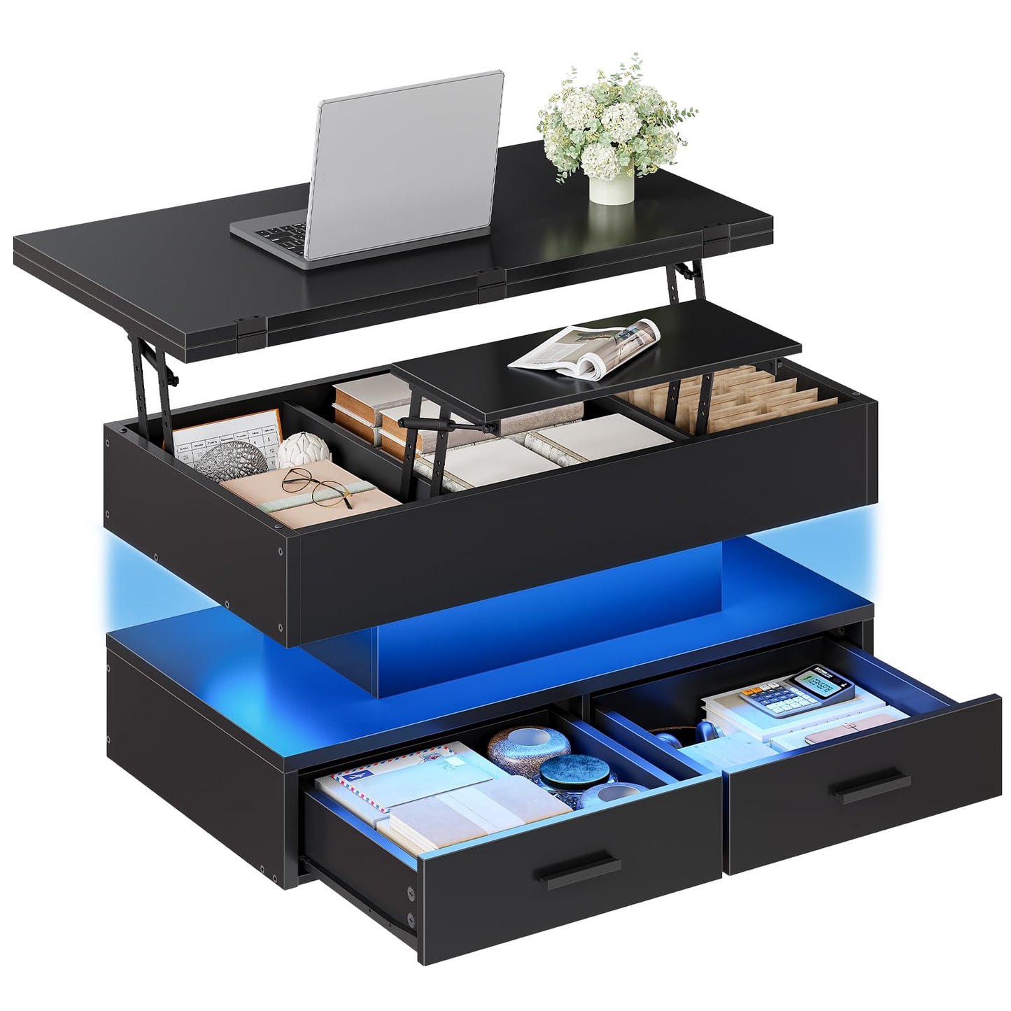 Black lift-top desk with storage drawers and blue LED lighting on a white background