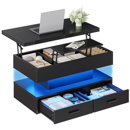 Black lift-top desk with storage drawers and blue LED lighting on a white background
