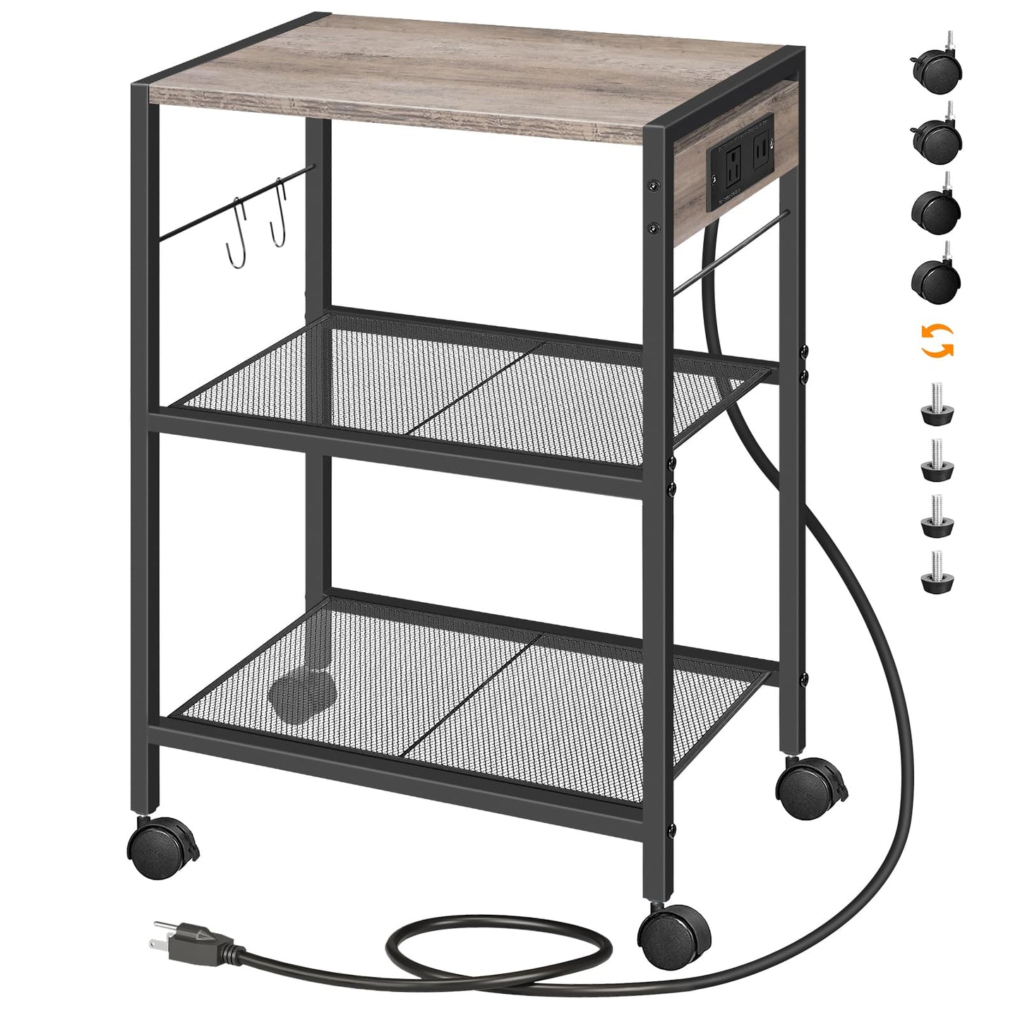 HOOBRO Greige Three-Tier Portable Industrial Printer Stand with Power Outlet & USB Port & 2 Hooks