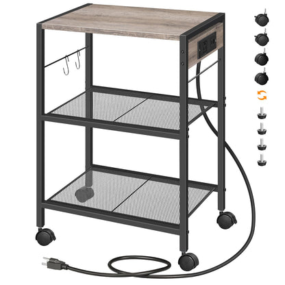 HOOBRO Greige Three-Tier Portable Industrial Printer Stand with Power Outlet & USB Port & 2 Hooks