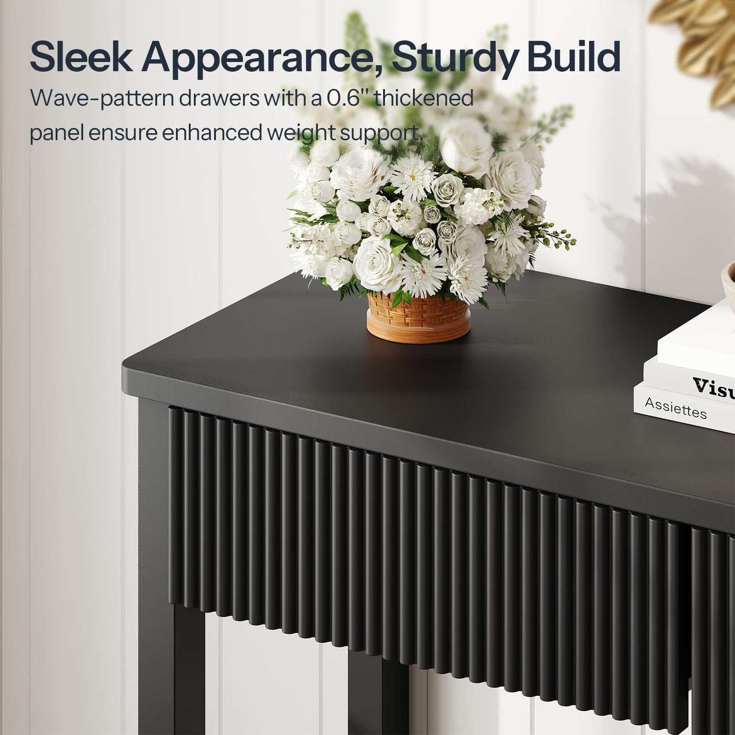 HOOBRO 39.4-inch Black Double-Layer Roughside Table with 2 Drawers & Storage Shelf