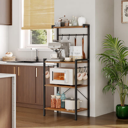 Kitchen shelf with appliances and items next to a window with blinds.