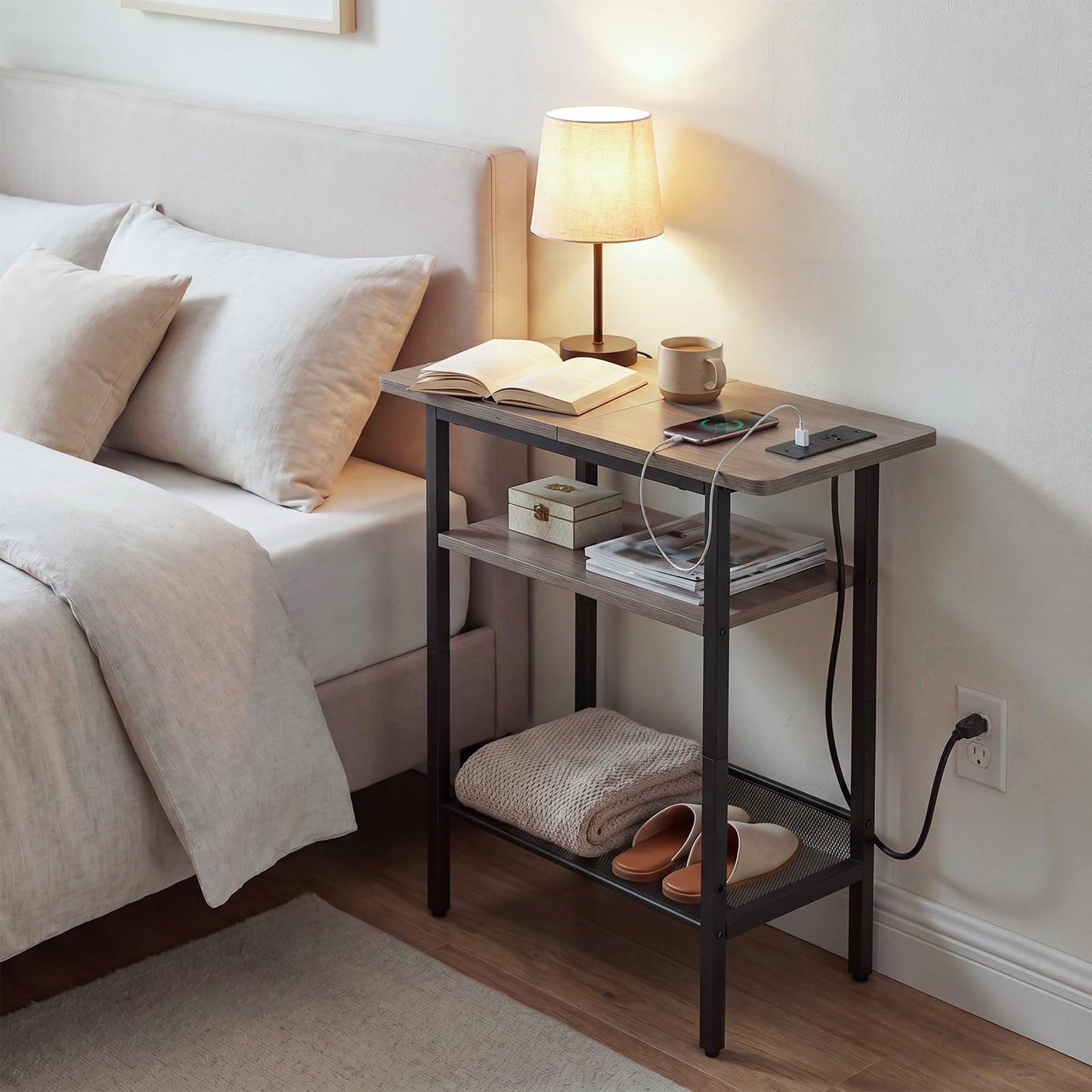 HOOBRO Side Table, Narrow End Table with Shelf, Charging Station, Wide Storage Tabletop, 3-Tier Bedside Tables for for Small Spaces, Living Room, Bedroom, Greige and Black BG366UBZ01