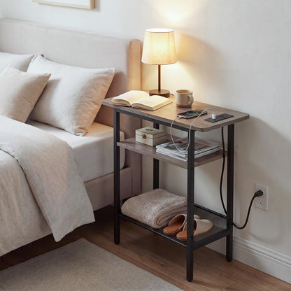 HOOBRO Side Table, Narrow End Table with Shelf, Charging Station, Wide Storage Tabletop, 3-Tier Bedside Tables for for Small Spaces, Living Room, Bedroom, Greige and Black BG366UBZ01