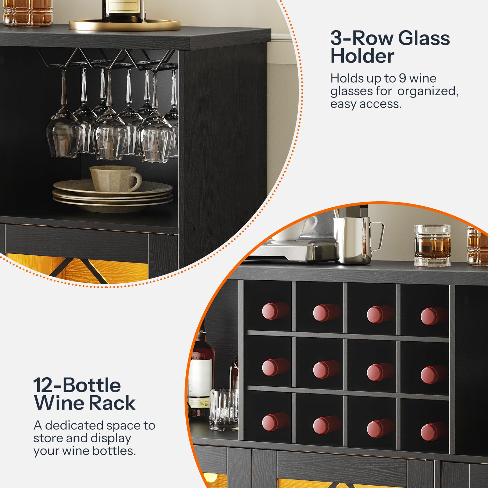 Black bar cabinet with wine glass holder and bottle rack, featuring text on storage capacity.