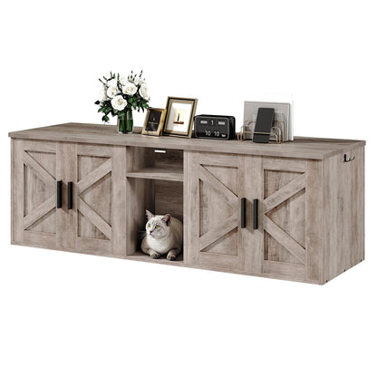 HOOBRO Greige Wooden Double Hidden Litter Box Enclosure with Corridor & Storage Layer & Hooks