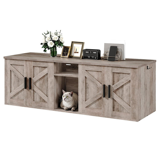 HOOBRO Greige Wooden Double Hidden Litter Box Enclosure with Corridor & Storage Layer & Hooks