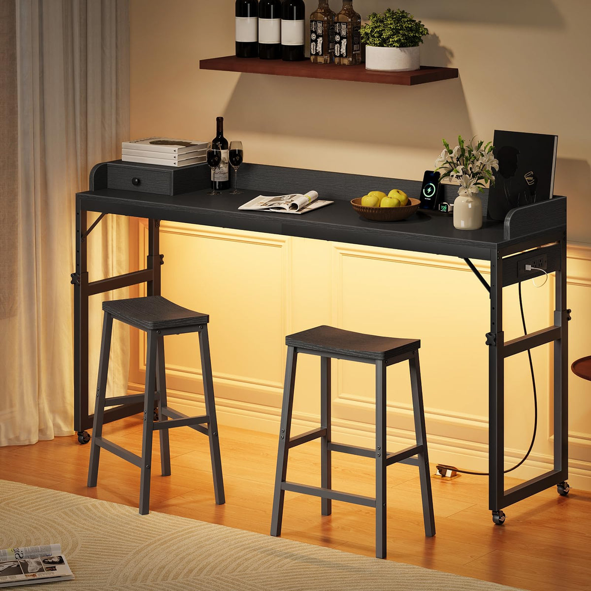 HOOBRO Overbed Table with Wheels, Rolling Table with Outlets & Light Strip for Queen Bed, Mobile Bed Desk & Drawer and Adjustable Height, Giant Computer Desk for Living Room, Black BB180UDDN01