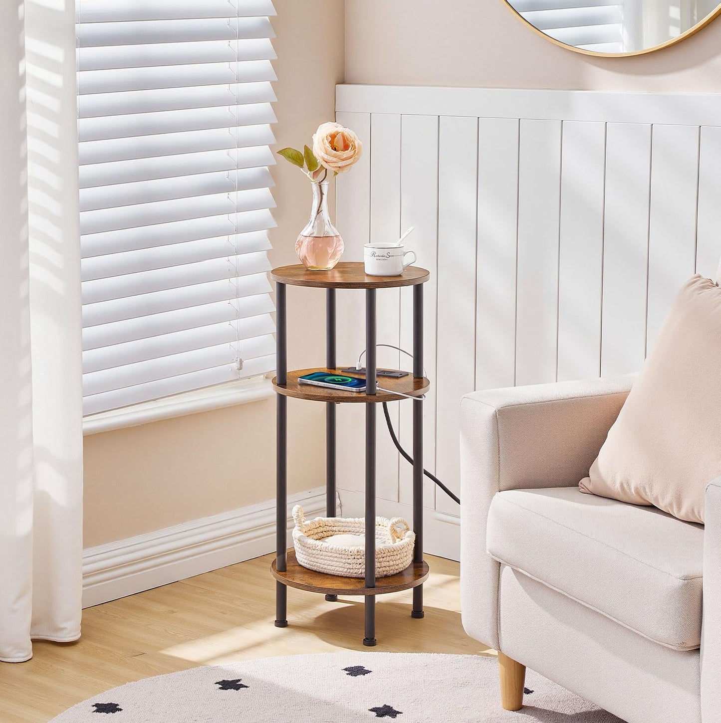 HOOBRO 3-Tier Small Round Side Table with Charging Station