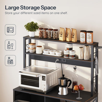 Kitchen storage shelf with microwave, coffee maker, and various items on a white background
