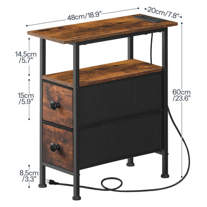 HOOBRO End Table with Charging Station, Narrow Side Table with 2 Fabric Drawers, Skinny Nightstand with Storage, Slim Bedside Table for Living Room, Small Spaces, Rustic Brown and Black BF487UBZ01