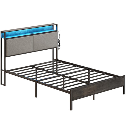 HOOBRO Full Metal Bed Frame with Storage Headboard & LED Lights