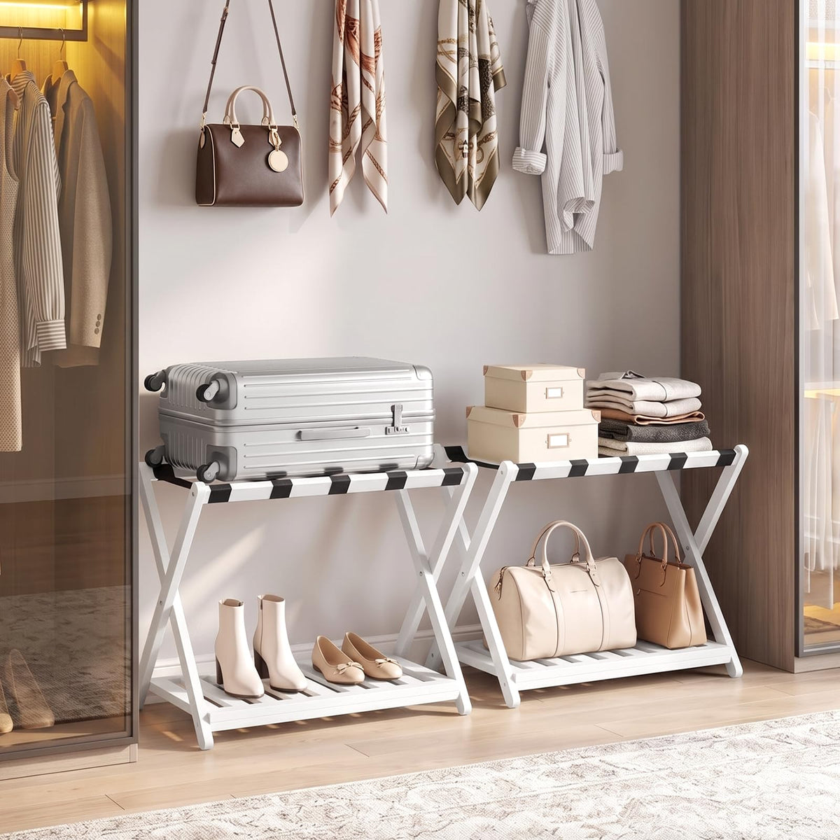 HOOBRO 2-Tier Solid Wood Folding Luggage Rack for Guest Room, Bedroom
