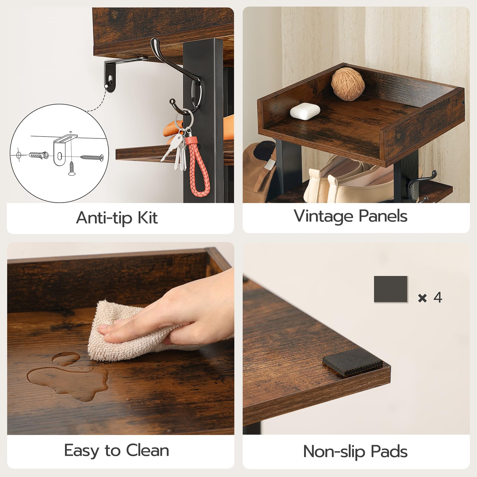 Collage of a wooden shelf with features labeled: Anti-tip kit, vintage panels, easy to clean, and non-slip pads.
