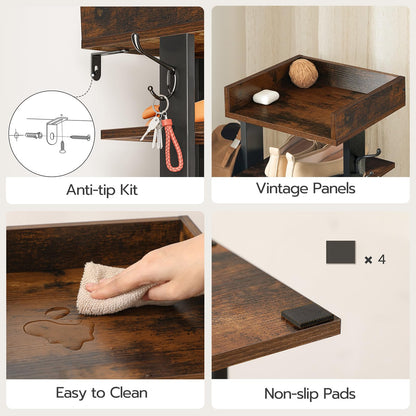 Collage of a wooden shelf with features labeled: Anti-tip kit, vintage panels, easy to clean, and non-slip pads.