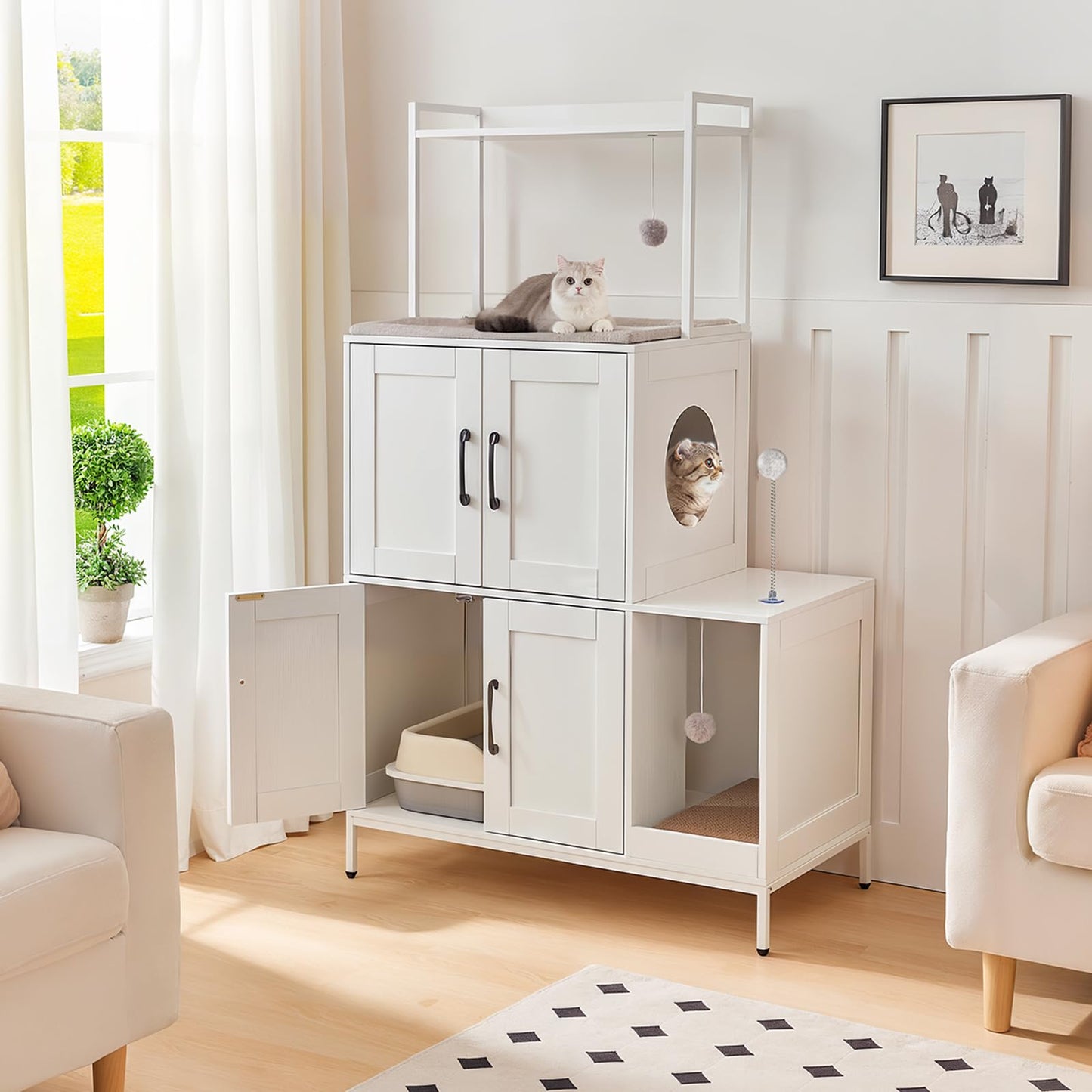 White pet furniture with cat litter box and perches in a living room setting