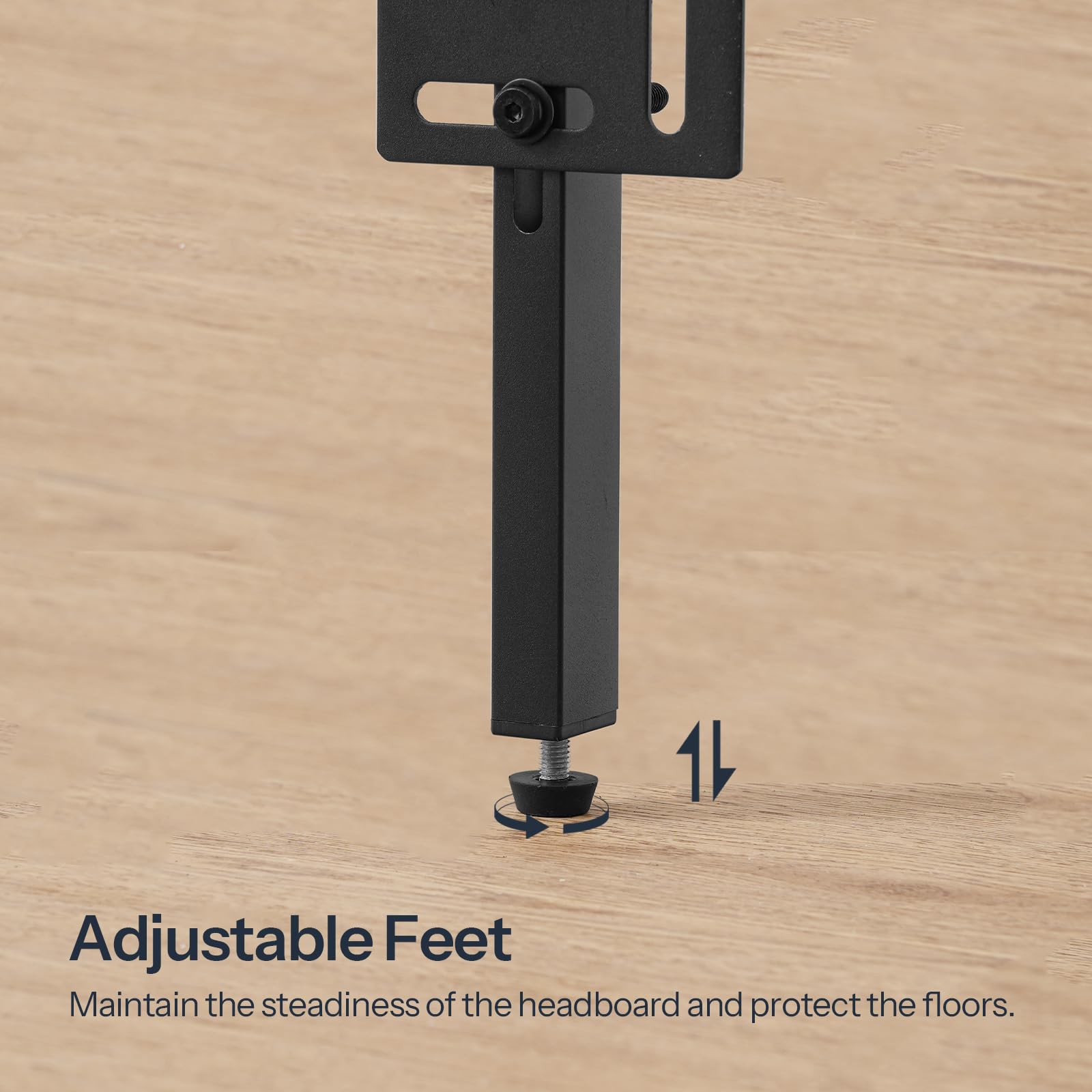 Adjustable feet of a headboard on a wooden surface with text explaining their function.