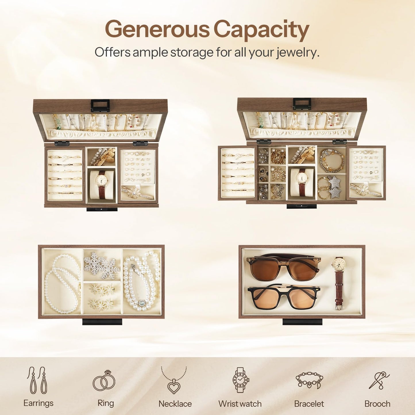 Jewelry organizer with various compartments filled with jewelry items on a beige background.
