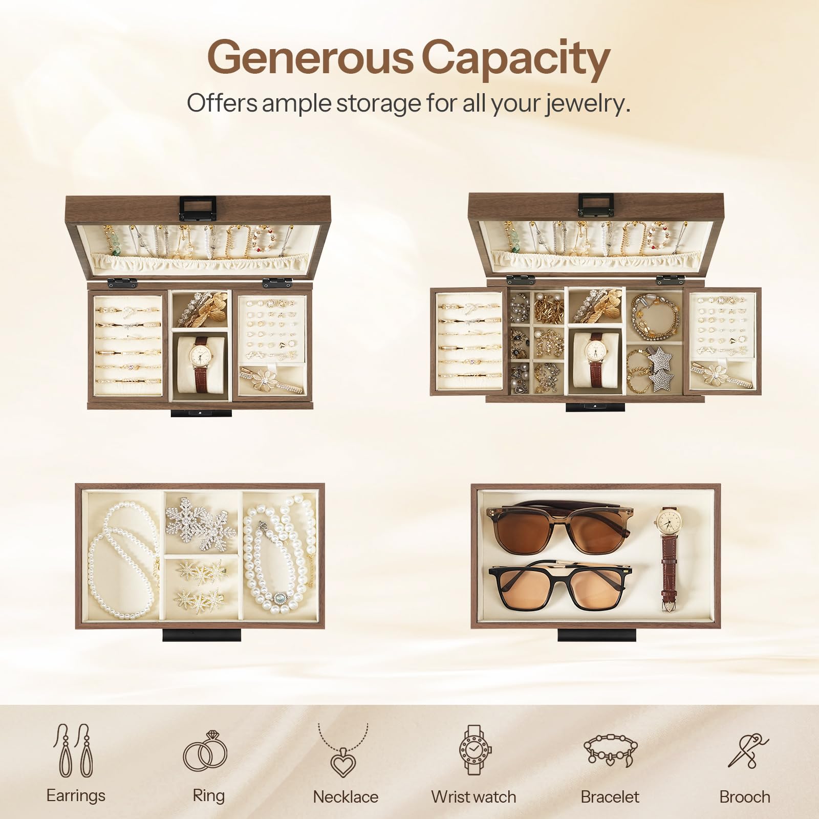 Jewelry organizer with various compartments filled with jewelry items on a beige background.