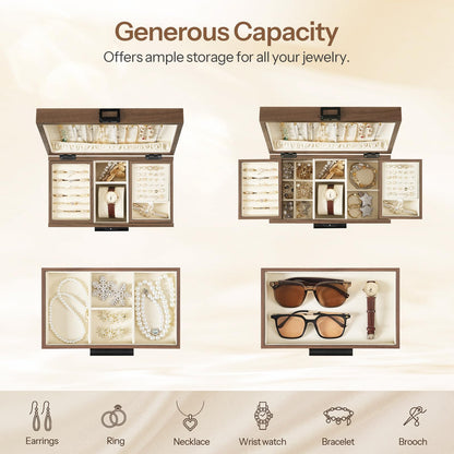 Jewelry organizer with various compartments filled with jewelry items on a beige background.