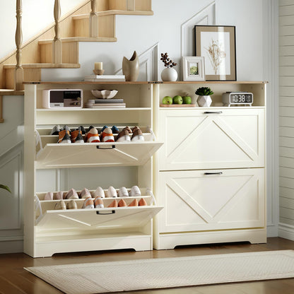 HOOBRO Warm White 31.5-inch Farmhouse Style Long Shoe Cabinet with 2 Flip-Top Drawers & Open Shelves & Adjustable Shelves