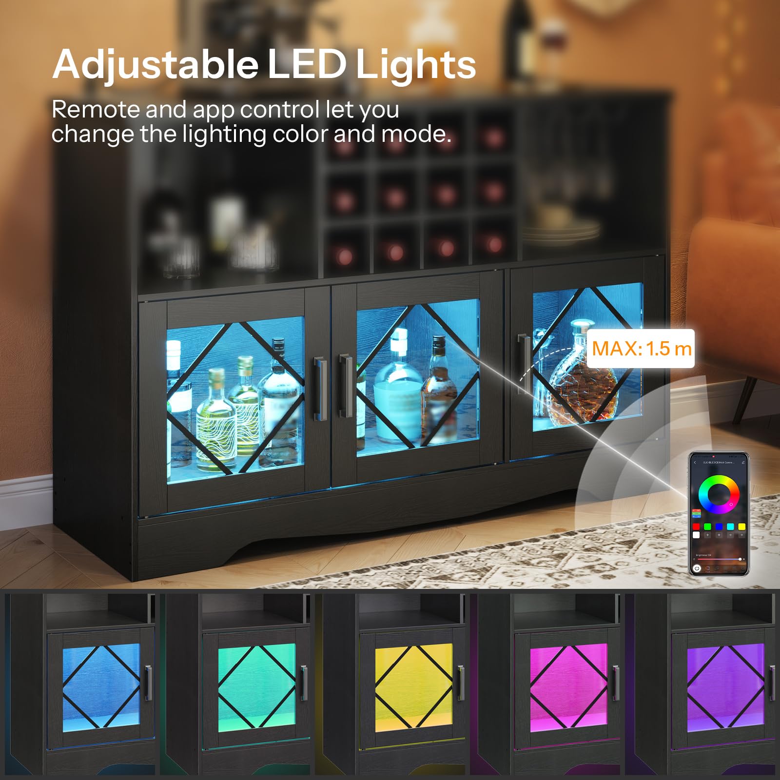 Beverage cabinet with adjustable LED lights and remote control, set against a blurred bar background.