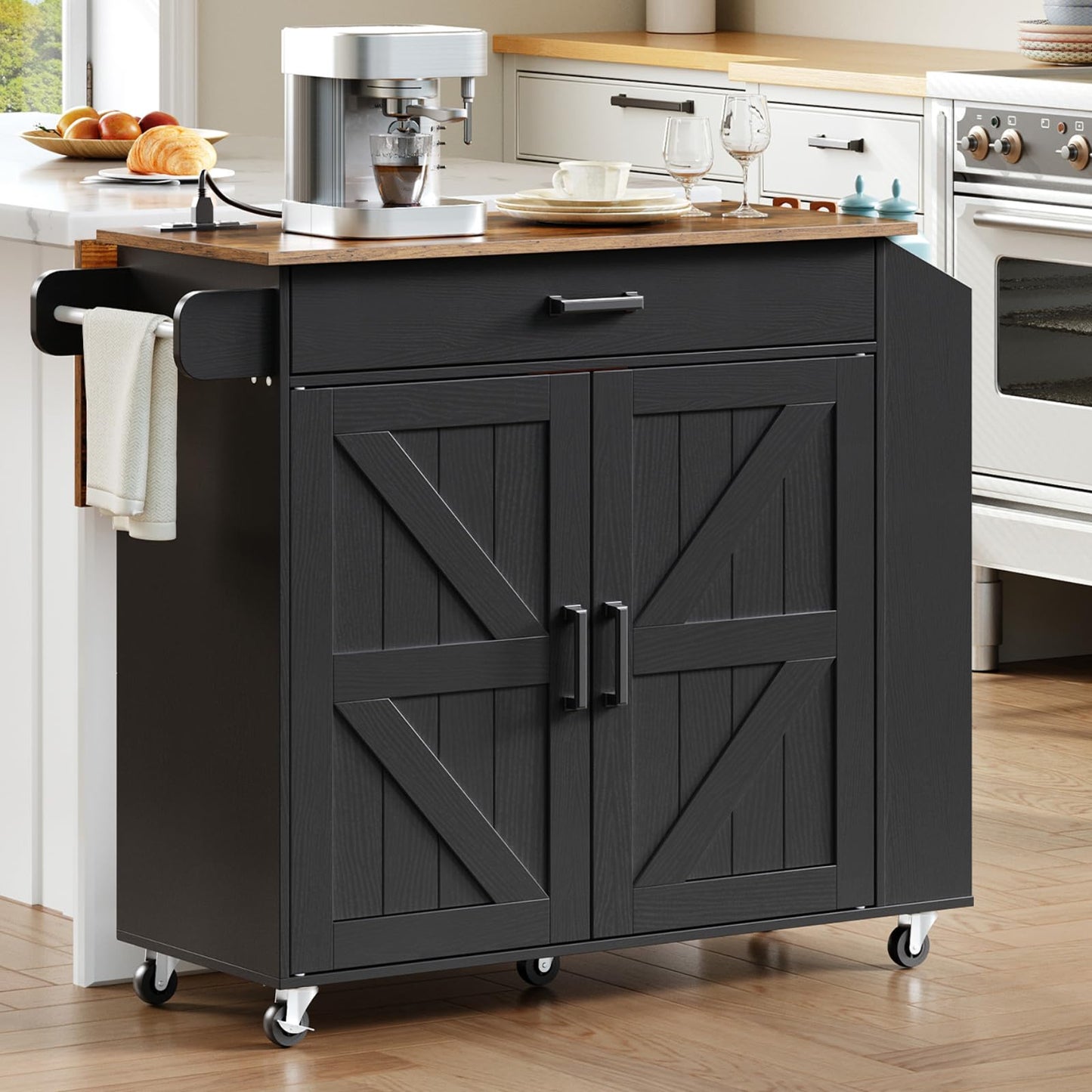 HOOBRO Black Portable Kitchen Island with Folding Countertop & Power Outlet & Drawers and Spice Rack