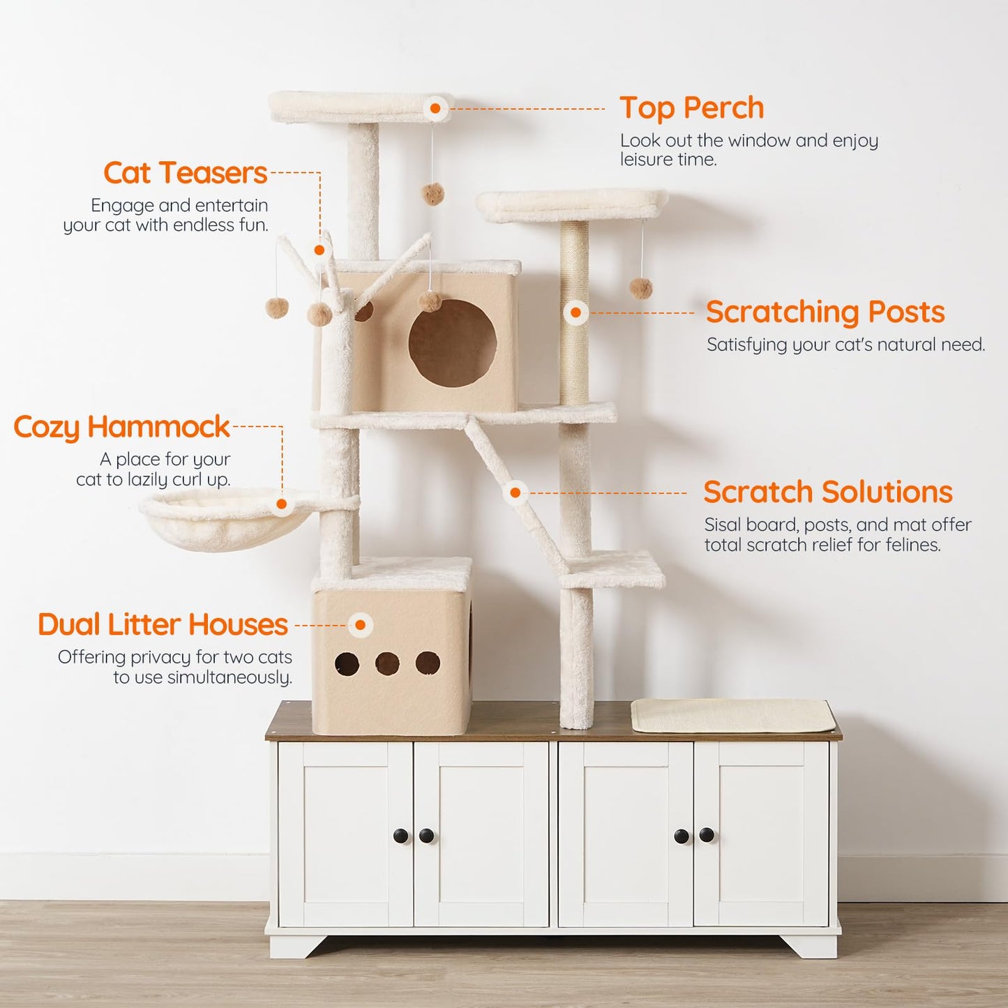 HOOBRO Double Litter Box Enclosure with Cat Tree & Bed & Hammock