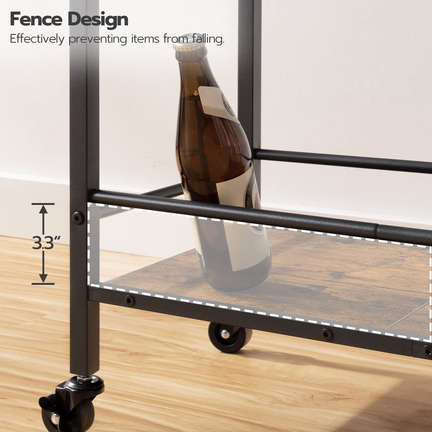 HOOBRO Retro Brown Three-Tier Movable Wheeled Bar Trolley with Wine Rack & Glass Holder