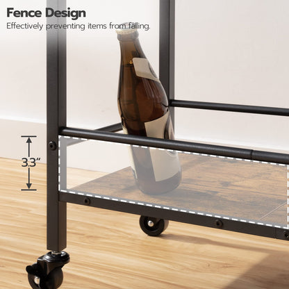 HOOBRO Retro Brown Three-Tier Movable Wheeled Bar Trolley with Wine Rack & Glass Holder