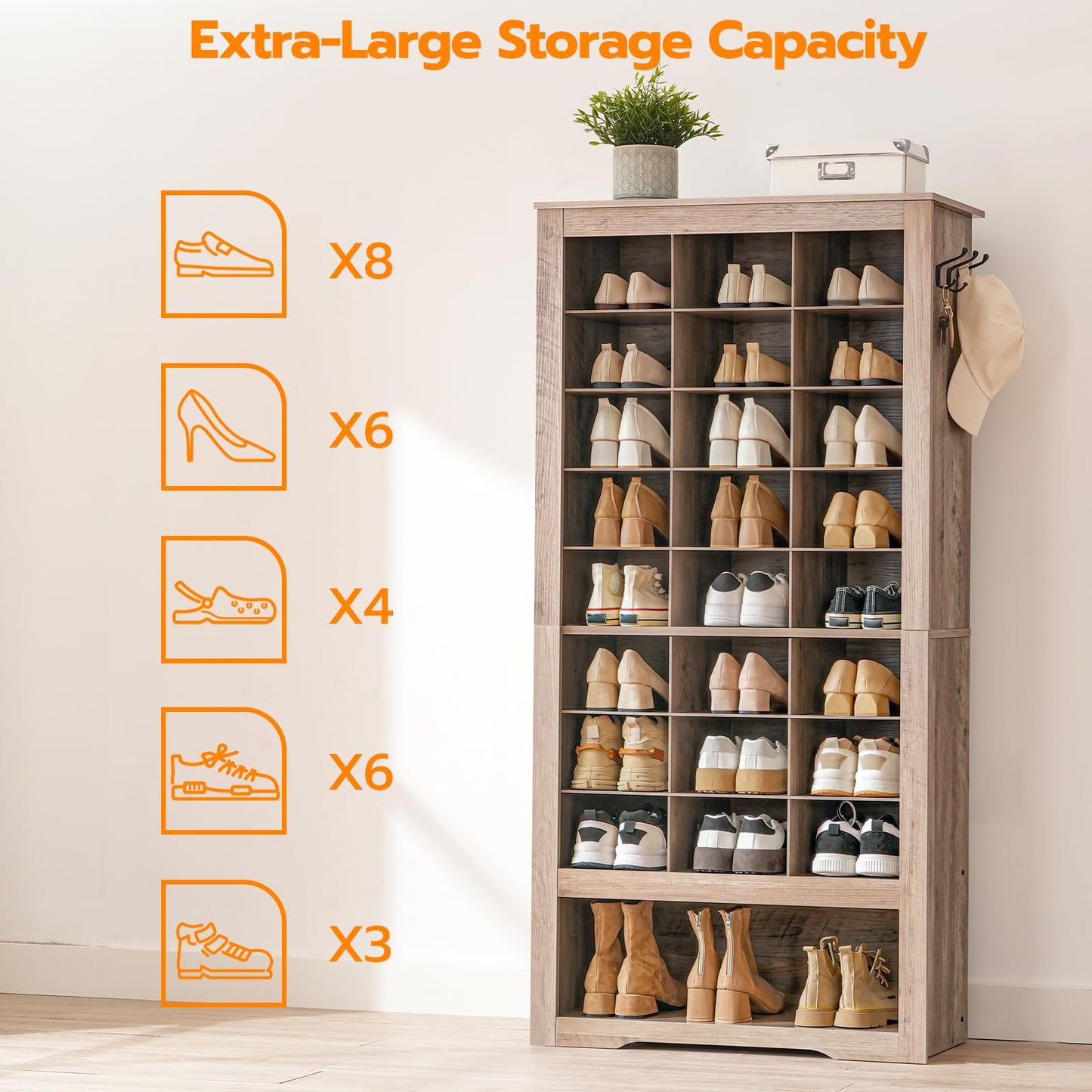HOOBRO 9-Tier Shoe Storage Cabinet with 24 Compartments & 3 Hooks