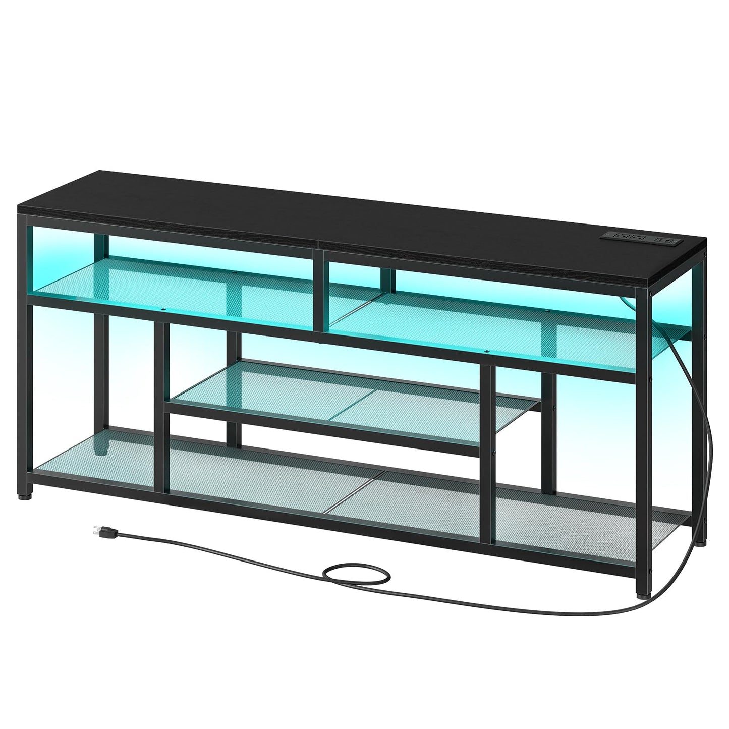 Black TV stand with glass shelves on a white background