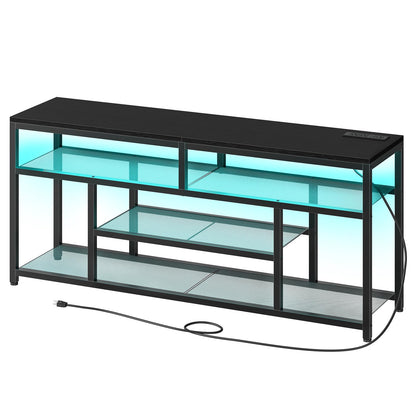 Black TV stand with glass shelves on a white background