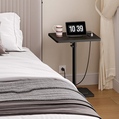 HOOBRO Adjustable Height End Table, 360° Swivel Narrow Side Table with Charging Station, Narrow Sofa Bedside Table for Small Space, Living Room, Bedroom, Black BB425UBZ01