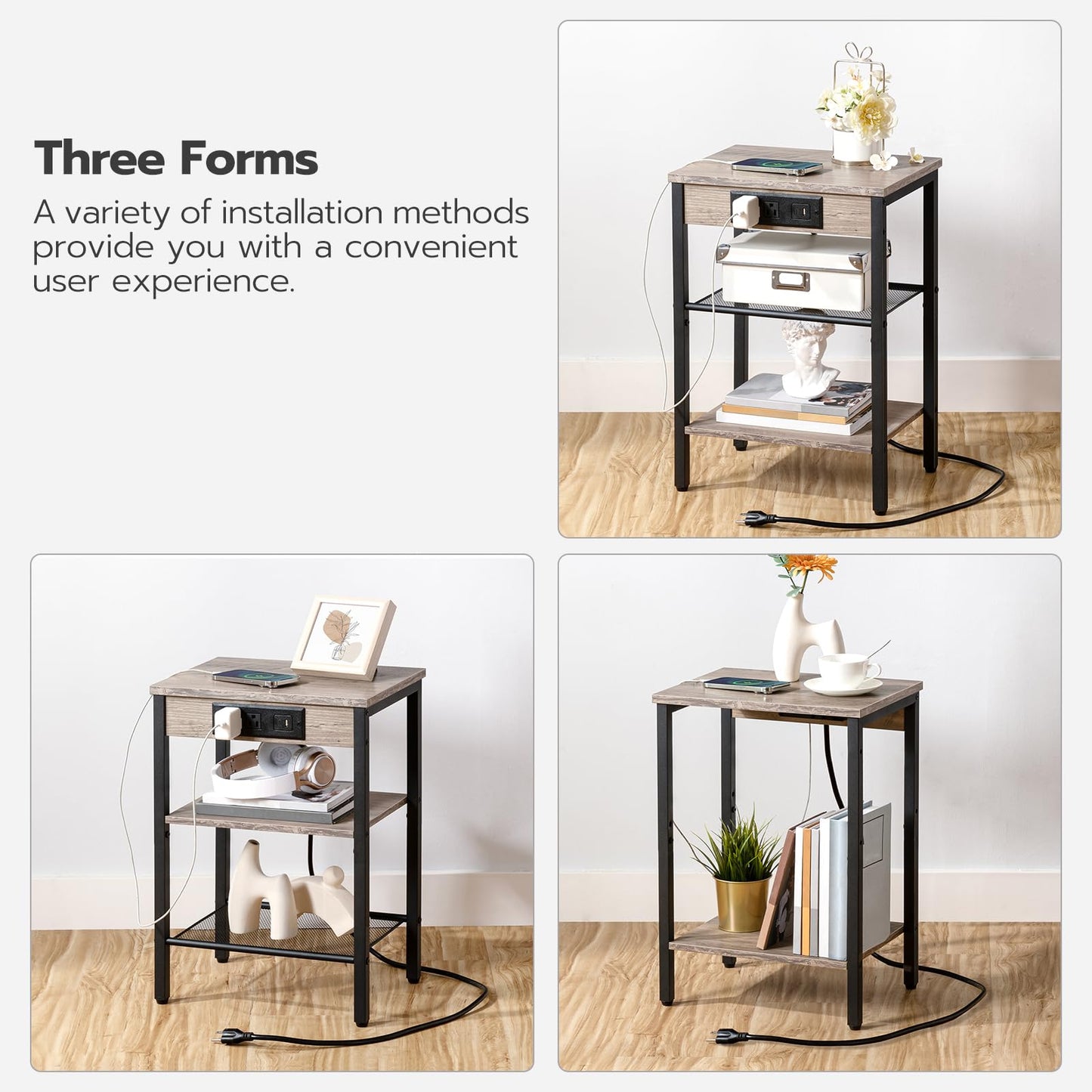 End table with various installation methods shown, text indicating convenience of use.